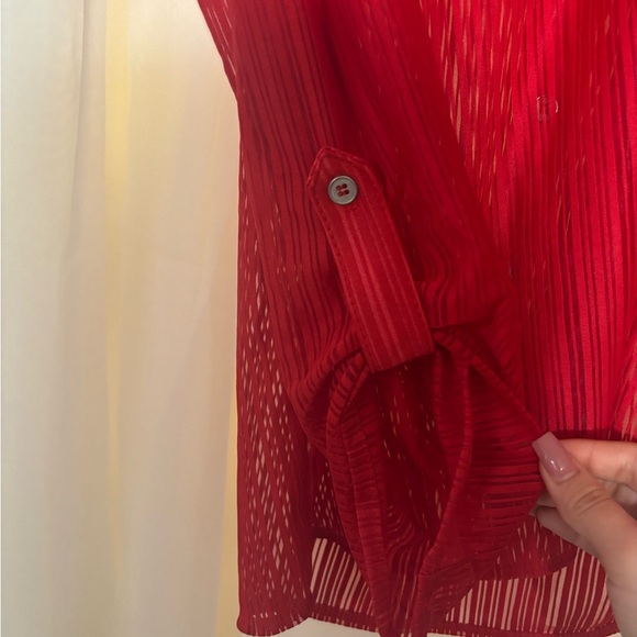 NY Collection Red 3/4 Sleeve Button Down Shirt - Picture 6 of 7